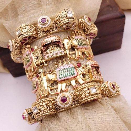 Grand Rajasthani Gold Chuda Bangles with Elephant Procession - Jouell