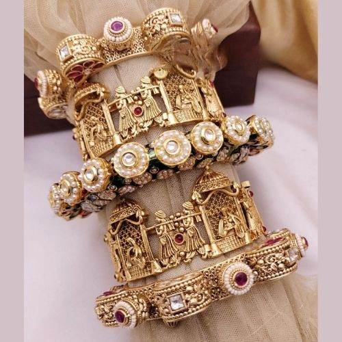 Antique Gold Chuda Bangles with Temple Design & Pearl Detailing - Jouell