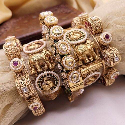 Antique Gold Elephant Motif Bridal Chuda Bangles Set - Jouell