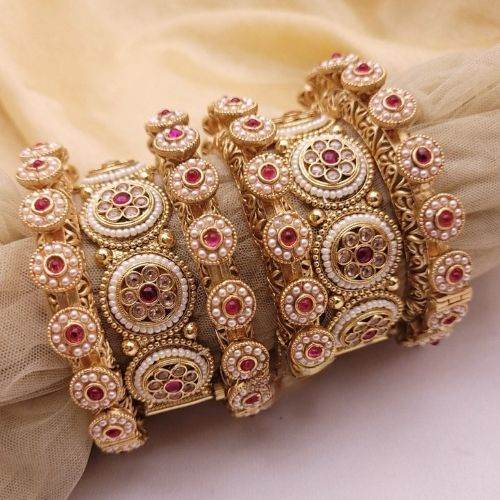 Antique Gold Pink Stone Bridal Chuda Bangles Set - Jouell