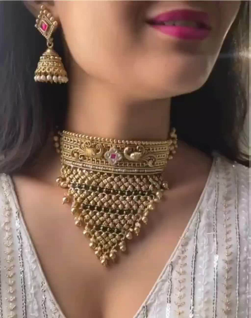 Antique Gold Plated Choker with Jhumka earrings - Jouell