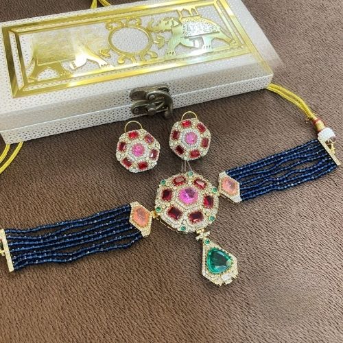 Designer Blue and Pink Choker Necklace Set with Earrings