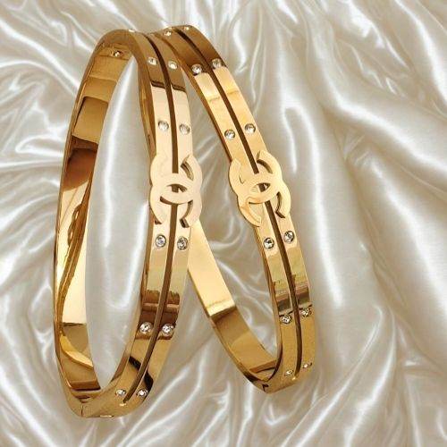 Glossy Golden Double Strap Bracelet with Designer Motif - Jouell