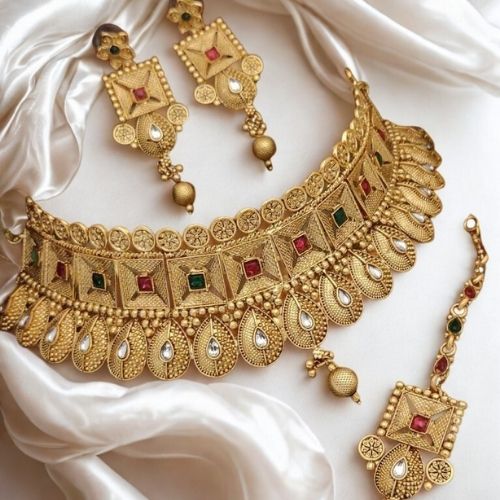 Traditional Gold Choker Necklace Set with Earrings & Tikka
