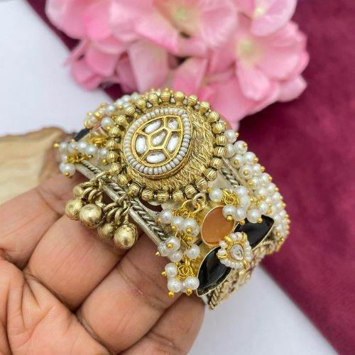 Gold & Pearl Brass Kada Bracelet for Women – Traditional Handcrafted - Jouell