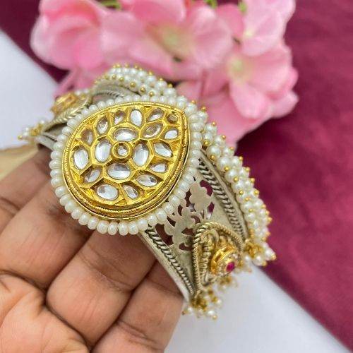 Gold & Silver Brass Kada Bracelet with Pearls – Traditional Design - Jouell