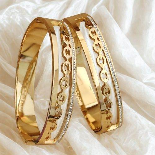 Golden Gloss Finish Designer Link Bracelet with Crystal Borders - Jouell