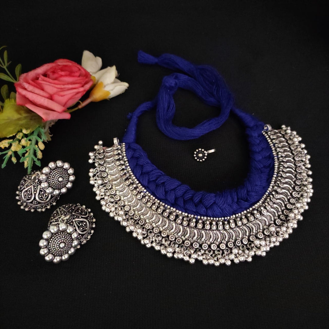 Oxidised Silver Choker Necklace Set with Earrings for Women