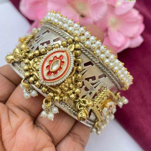 Silver-Gold Brass Kada Bracelet with Red Enamel & Pearl Detailing - Jouell