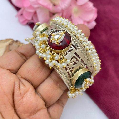 Silver-Gold Brass Kada Bracelet with Red & Green Stone Pearl Work - Jouell