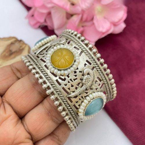 Silver Brass Kada Bracelet with Parrot & Stone Detailing – Ethnic Design - Jouell