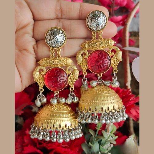 Antique Red Gold Big Jhumka Earrings with Ghungroo Drops - Jouell