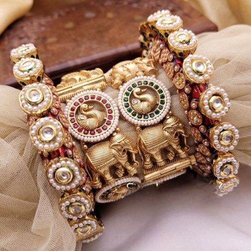 Royal Elephant Motif Gold Chuda Bangles with Green & Red Accents - Jouell