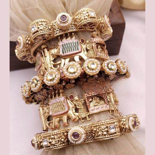 Antique Gold Temple Chuda Bangles with Elephant & Pearl Design - Jouell