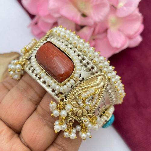 Silver-Gold Brass Kada Bracelet with Red & Green Stone Pearl Work