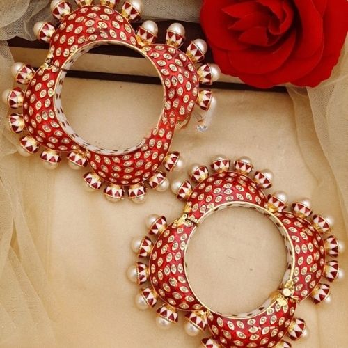 Red Pearl Studded Bridal Chura Bangles Set for Women