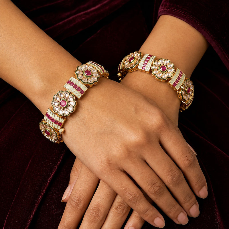 Gold-Tone Ruby & White Meenakari Rajwada Bangles