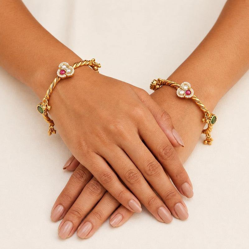 Gold-Tone Kundan Floral Designer Bangles
