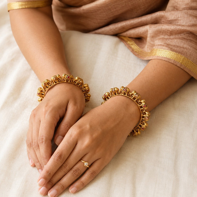 Gold-Tone Rajwadi Elephant Designer Bangles