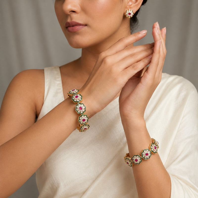 Gold-Tone Green and Ruby Floral Rajwada Bangles