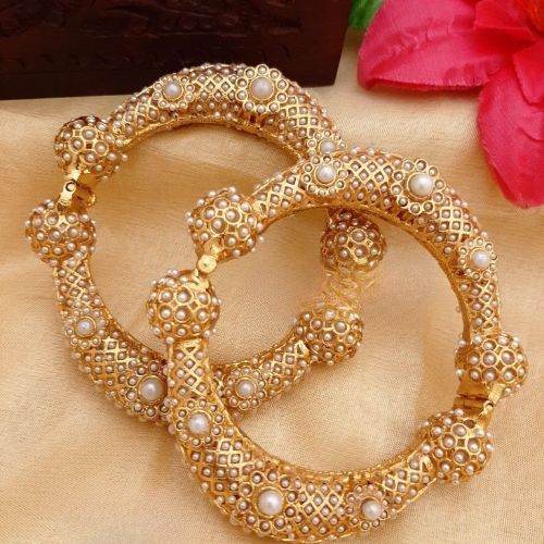 Antique Gold Plated Pearl Bangles for Women – Traditional Design - Jouell